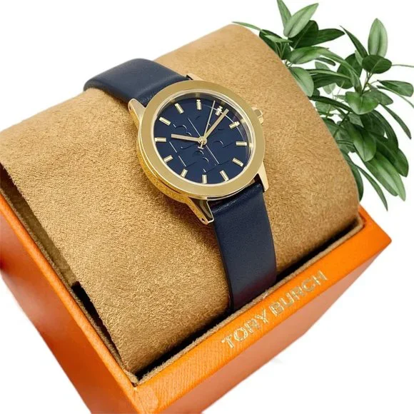 NWT TORY BURCH The Gigi Gold-Tone and Navy Leather Watch TBW2001